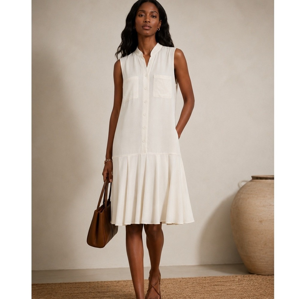 Lafayette 148 New York Sleeveless Shift Dress Ivory Button Front Pockets Medium